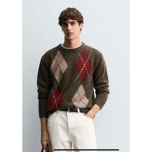 Pendleton Mens Argyle V-Neck Sweater Preppy Brown  100% Merino Wool Size M